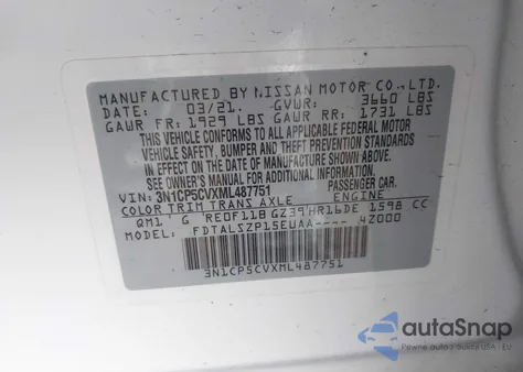 2021 Nissan Kicks Sv Xtronic Cvt z USA, uszkodzony, nr VIN 3N1CP5CVXML487751